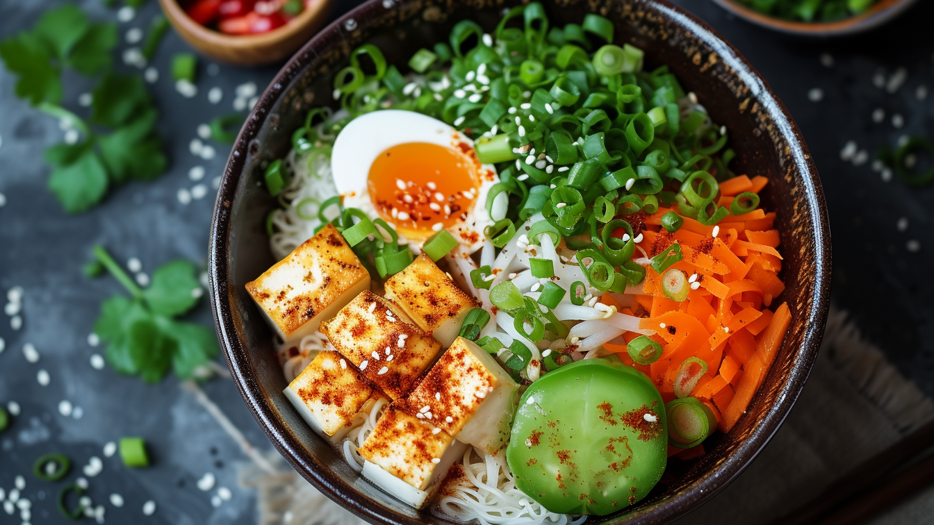 Vegetarische Ramen mit frittiertem Tofu, Bambussprossen und Ei