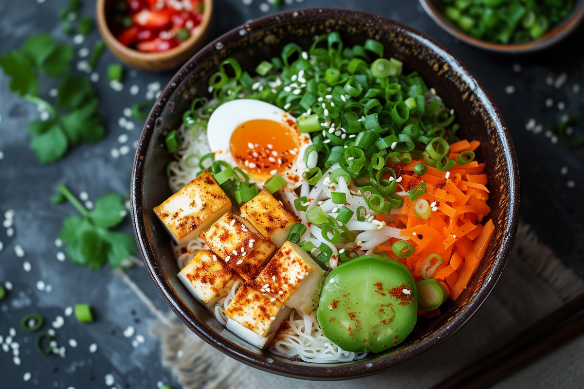 Vegetarische Ramen mit frittiertem Tofu, Bambussprossen und Ei: Eine Ode an die pflanzliche Vielfalt