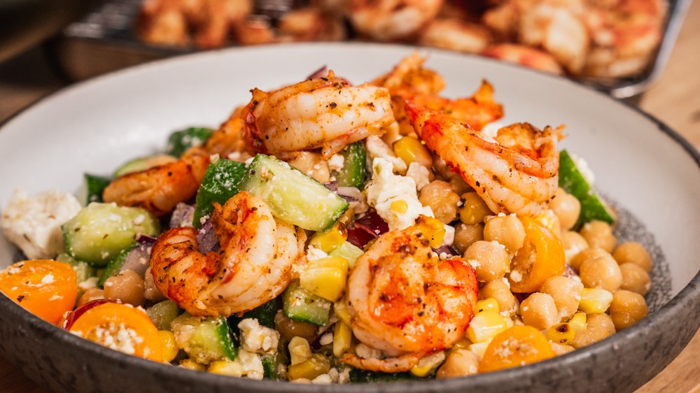 Image of Chickpea salad with grilled prawns