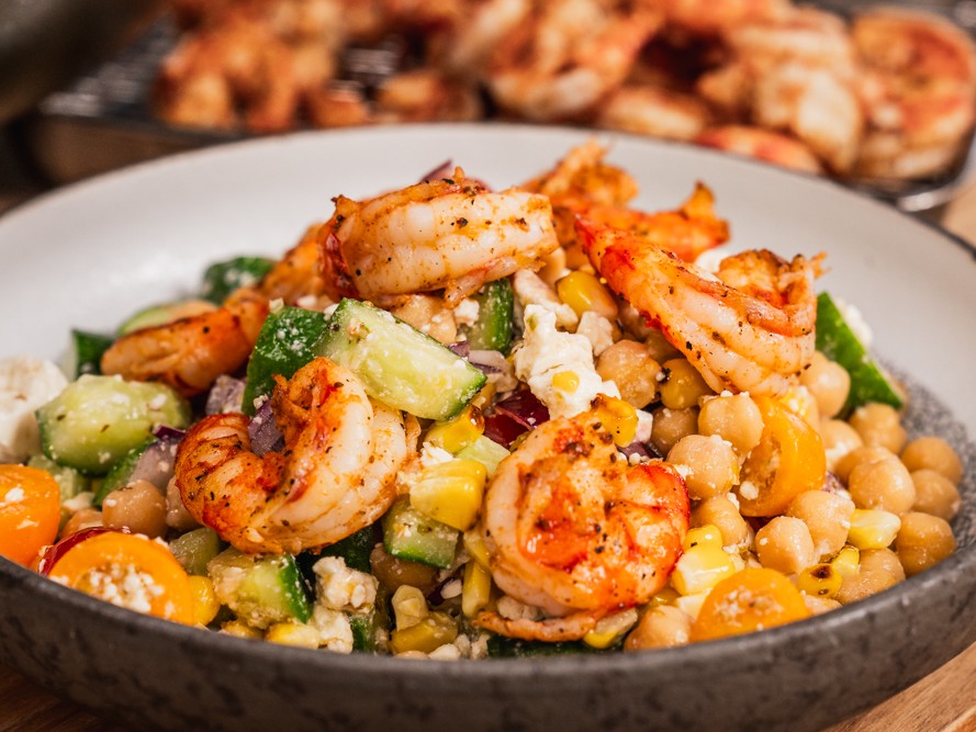 Andy Cooks - Chickpea salad with grilled prawns