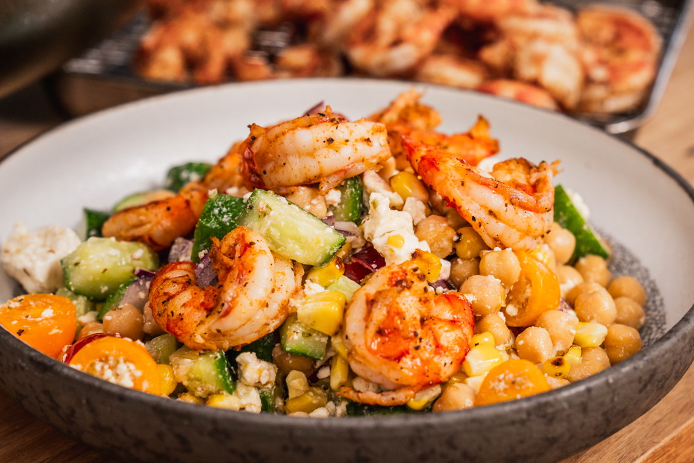 Chickpea salad with grilled prawns