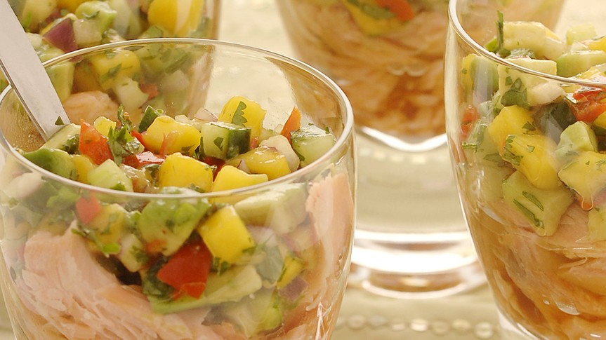 Image of Roast Smoked Salmon and Mango Salsa Pots