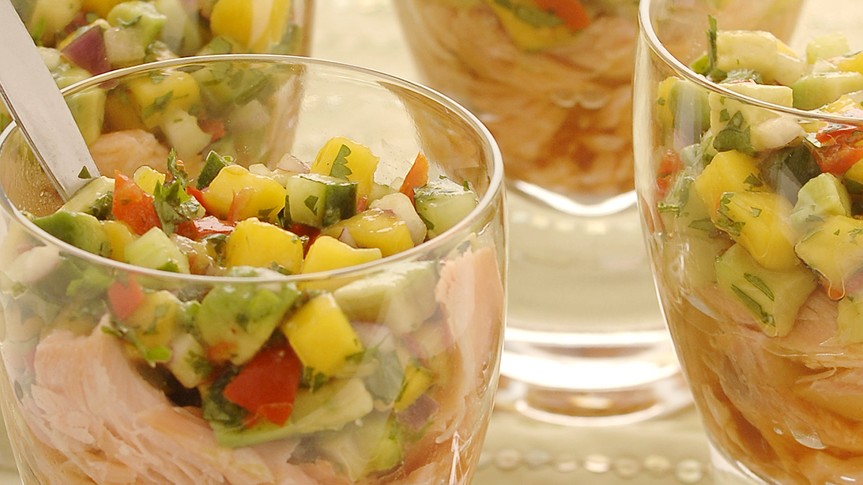 Image of Roast Smoked Salmon and Mango Salsa Pots 