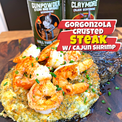 Image of Gorgonzola Crusted Steak topped with Cajun Shrimp 