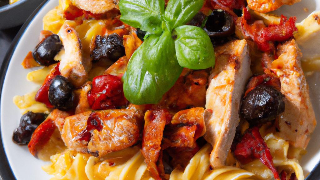 Image of Balsamic Pesto Chicken Pasta with Kalamata olives and sun-dried tomatoes