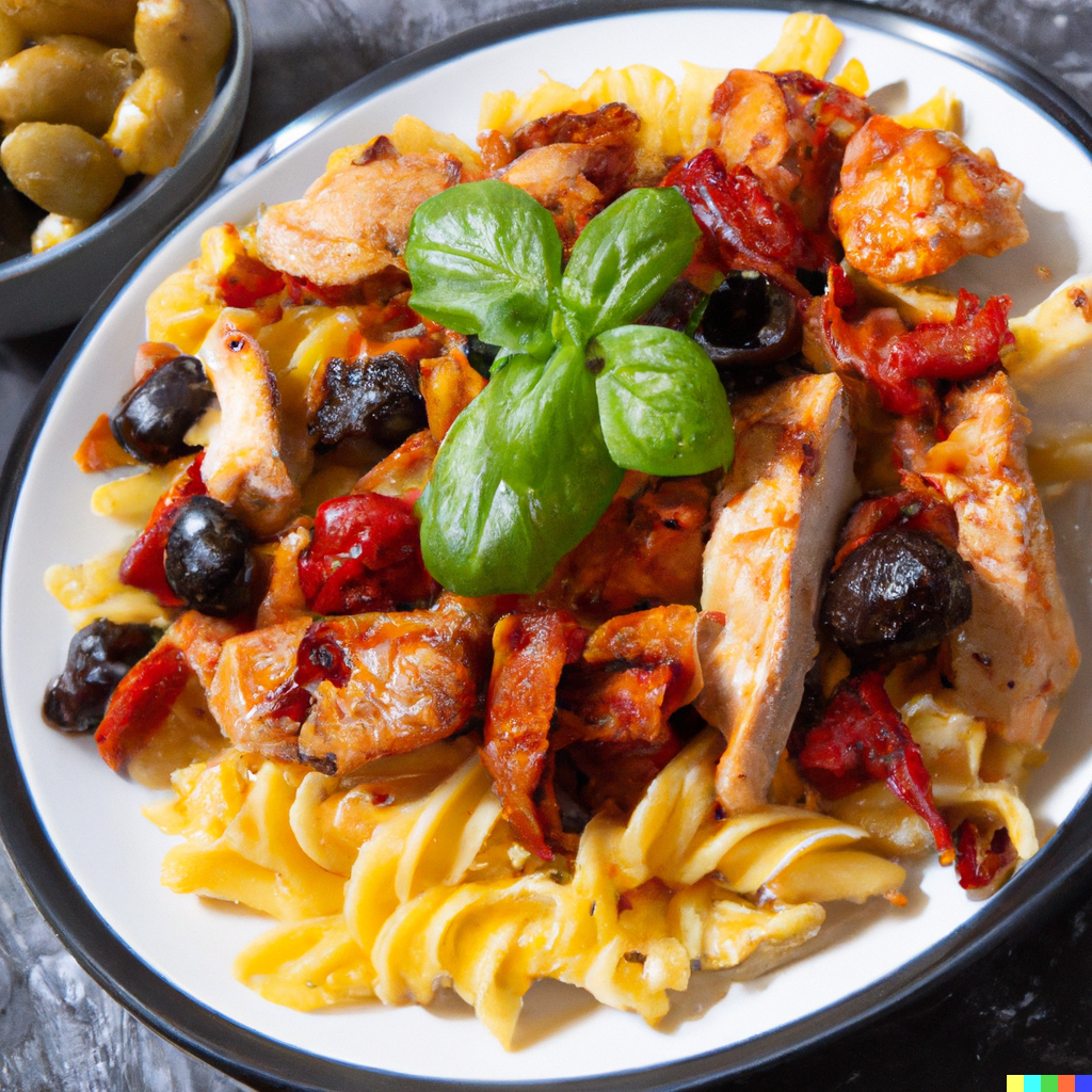 Balsamic Pesto Chicken Pasta with Kalamata olives and sun-dried tomatoes