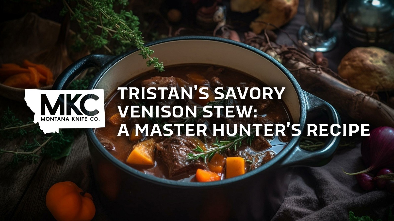 MKC employee Tristan’s savory venison stew recipe sits in a blue enameled pot among veggies and herbs.