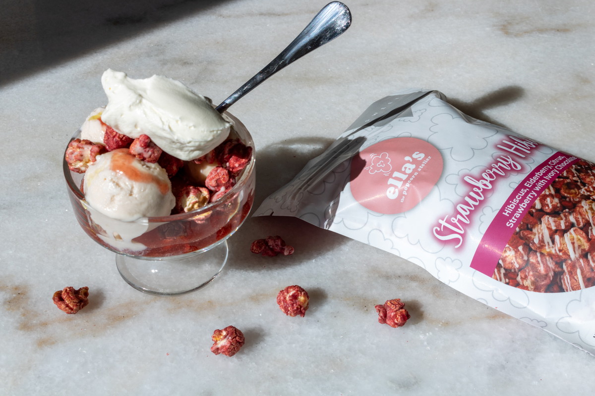 Strawberry Hibiscus Sundae with Ella’s Popcorn