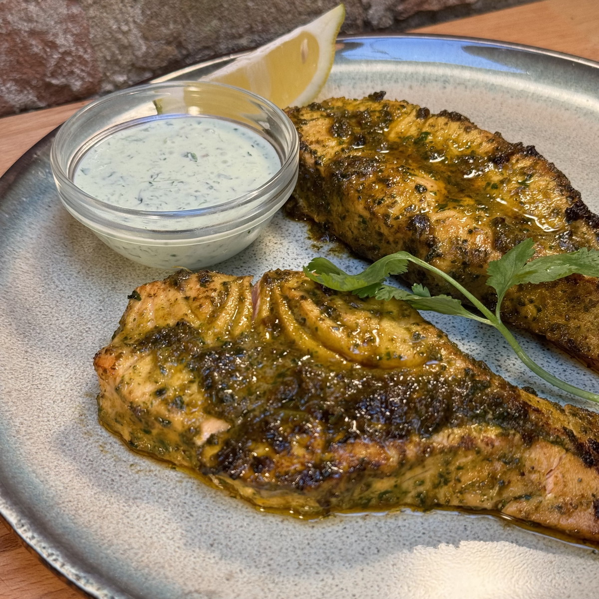 Peruvian style salmon with green sauce