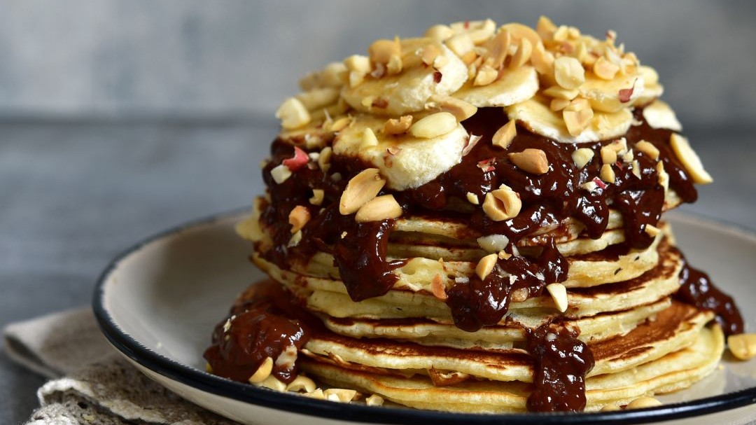 Image of Chocolate Peanut Butter and Banana Pancakes