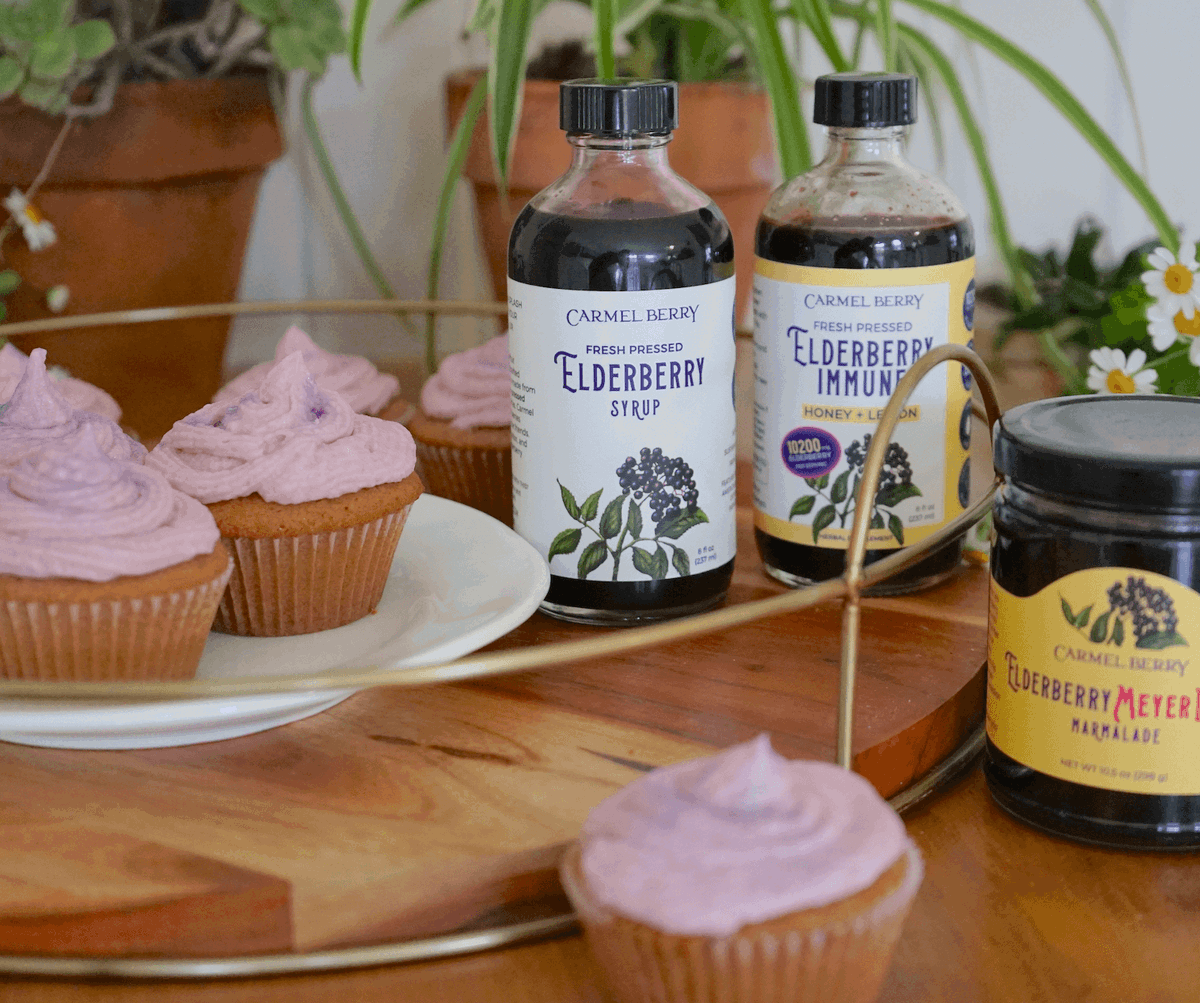Elderberry Jam-Filled Cupcakes with Elderberry Buttercream Frosting