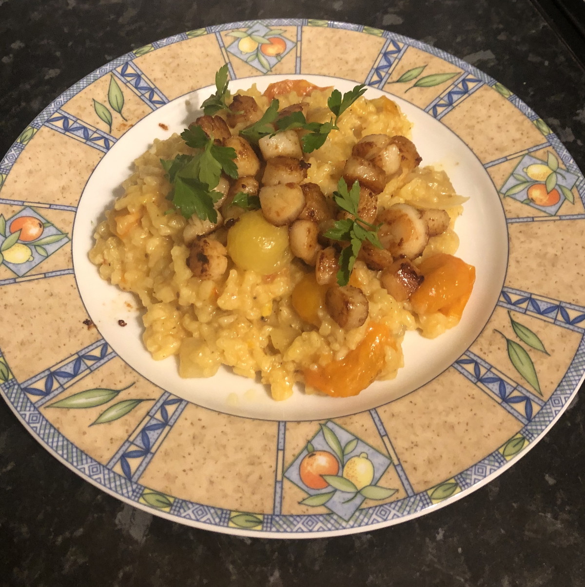 Scallops & Saffron Risotto with Blistered Tomatoes