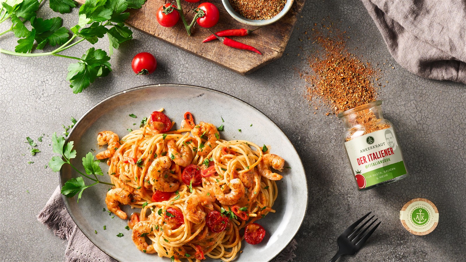 Image of  Spaghetti mit Garnelen und Tomaten-Sahne-Soße