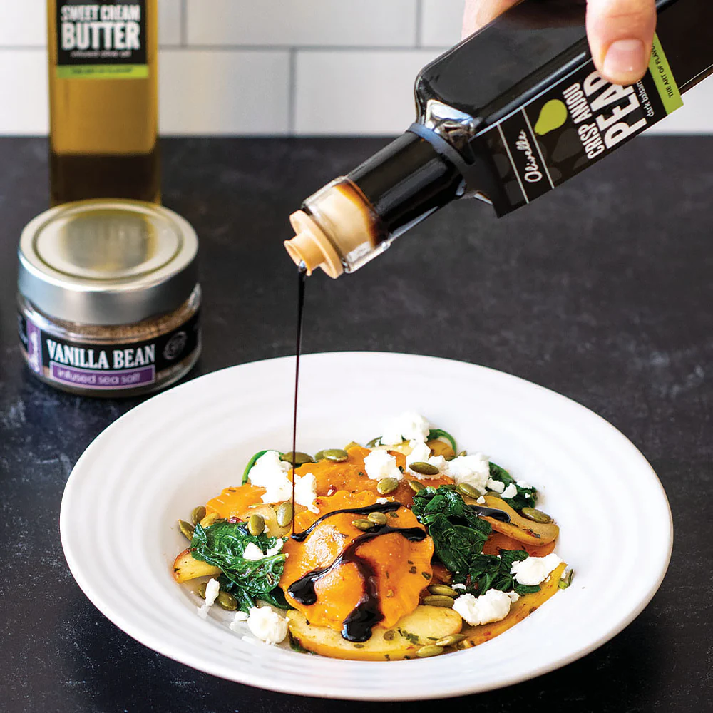 Squash Ravioli With Sauteed Apples And A Pear Balsamic Drizzle