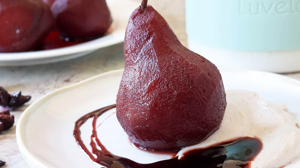 Image of Spiced red wine pears with cinnamon yogurt