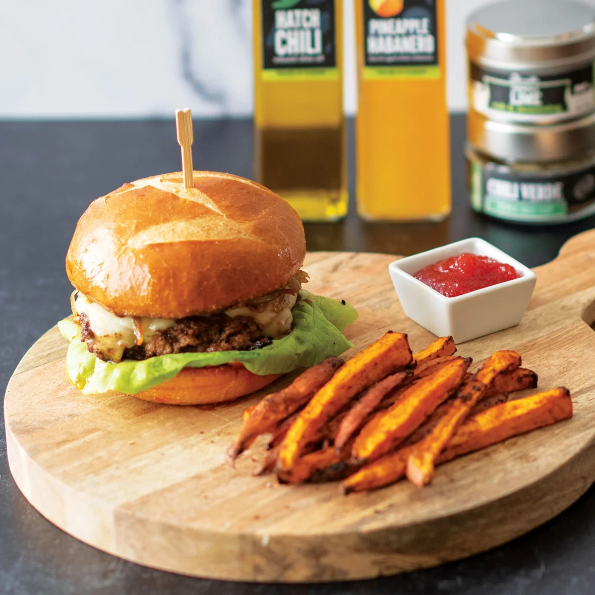 Hatch Chile Burger With Red Pepper Jam & Caramelized Onions