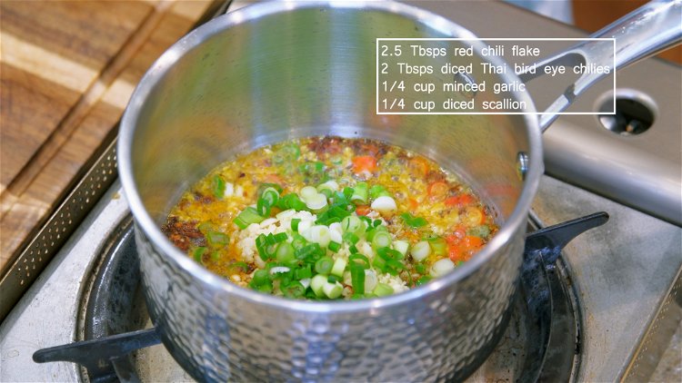 Image of Add red chili flakes, diced Thai bird-eye chilies, minced garlic,...