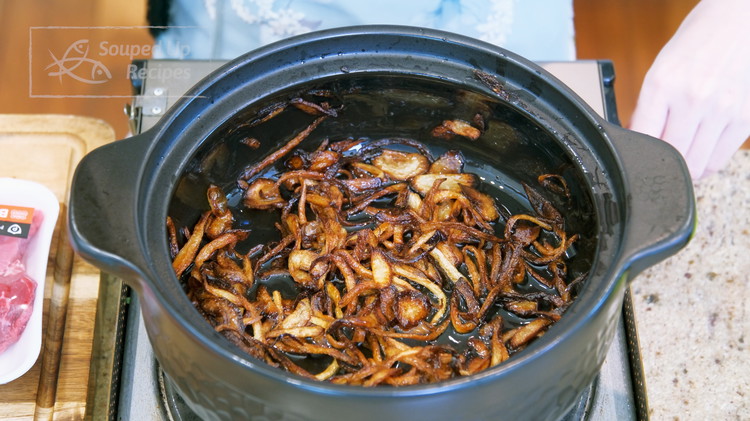 Image of Patiently stir the onions until brown. You can have the heat on high in the beginning because the onion still contains lots of moisture. Then, gradually lower the heat as the color turns darker. We want the onion to be...