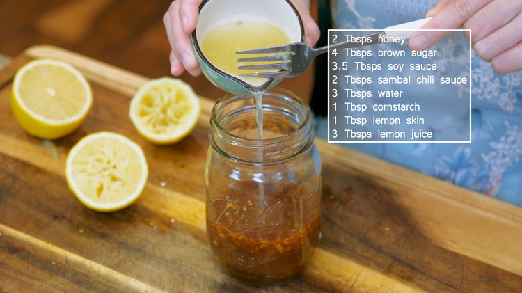 Image of In a jar, add 2 Tbsps honey, 4 Tbsps brown sugar, 3.5 Tbsps soy sauce, 2 Tbsps sambal chili sauce or other garlic chili sauce that you like, 3 Tbsps water, 1 Tbsp cornstarch, 1 Tbsp lemon skin, and 3...
