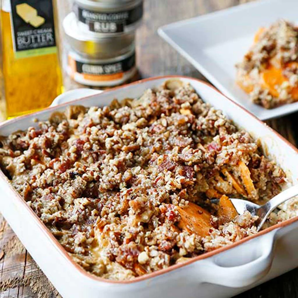 Bourbon Sweet Potato Gratin With A Bacon Pecan Crumble