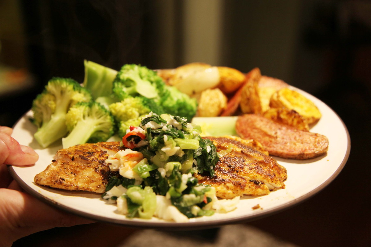 Spicy Blackened Snapper with Green Onion, Garlic, and Crab