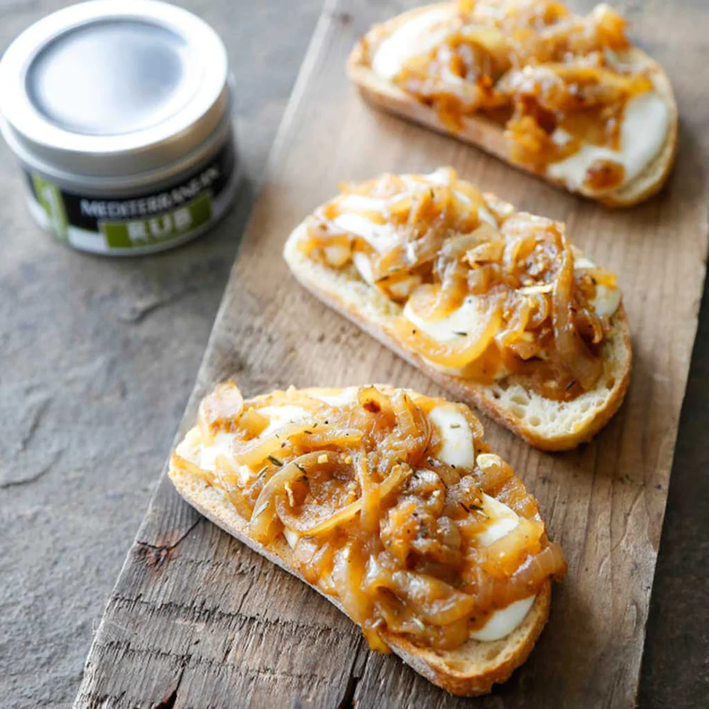Caramelized Onion, Rosemary & Mozzarella Crostini