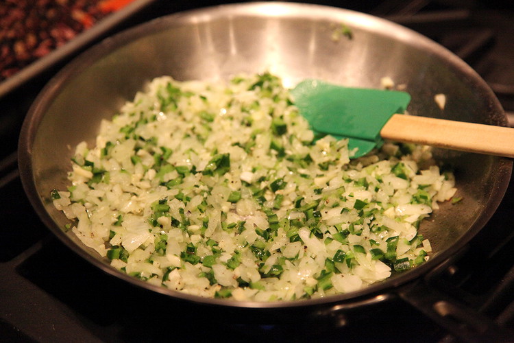 Image of Heat 1 tbsp Olive Oil in the skillet of your choice and add all of the diced veggies over medium heat, And yes, season with a pinch of salt and some pepper. Sweat the veggies for 6-8 minutres until the onions...