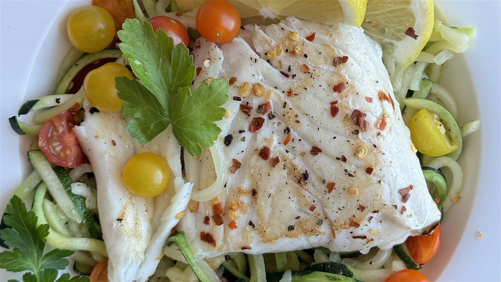 Image of Simple Pan-Seared Halibut with Zucchini Noodles