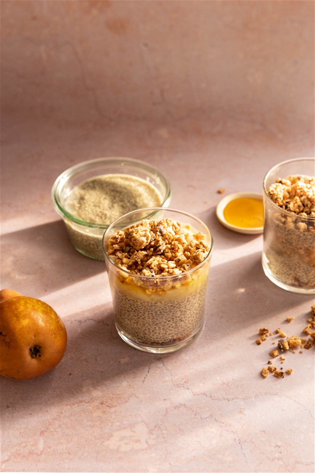 Image of Chaï Chia Pudding with Pear Compote topped with Choco-Chips Granolove Gourmet