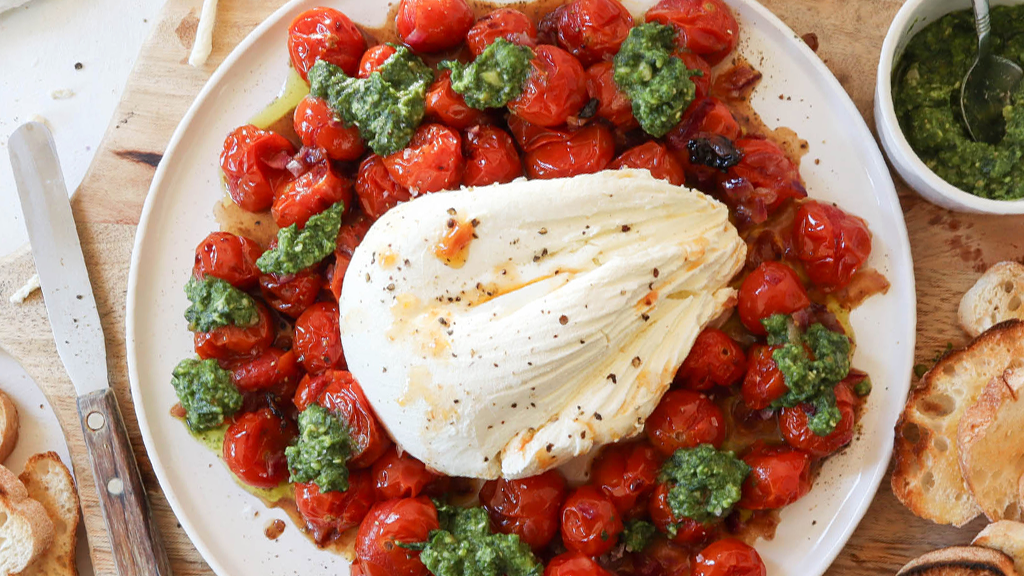 Image of Labneh with roast cherry tomatoes and pesto
