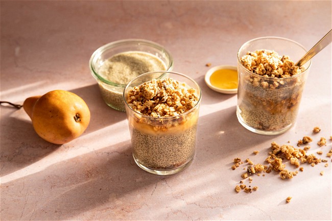 Image of Chaï Chia Pudding with Pear Compote topped with Choco-Chips Granolove Gourmet