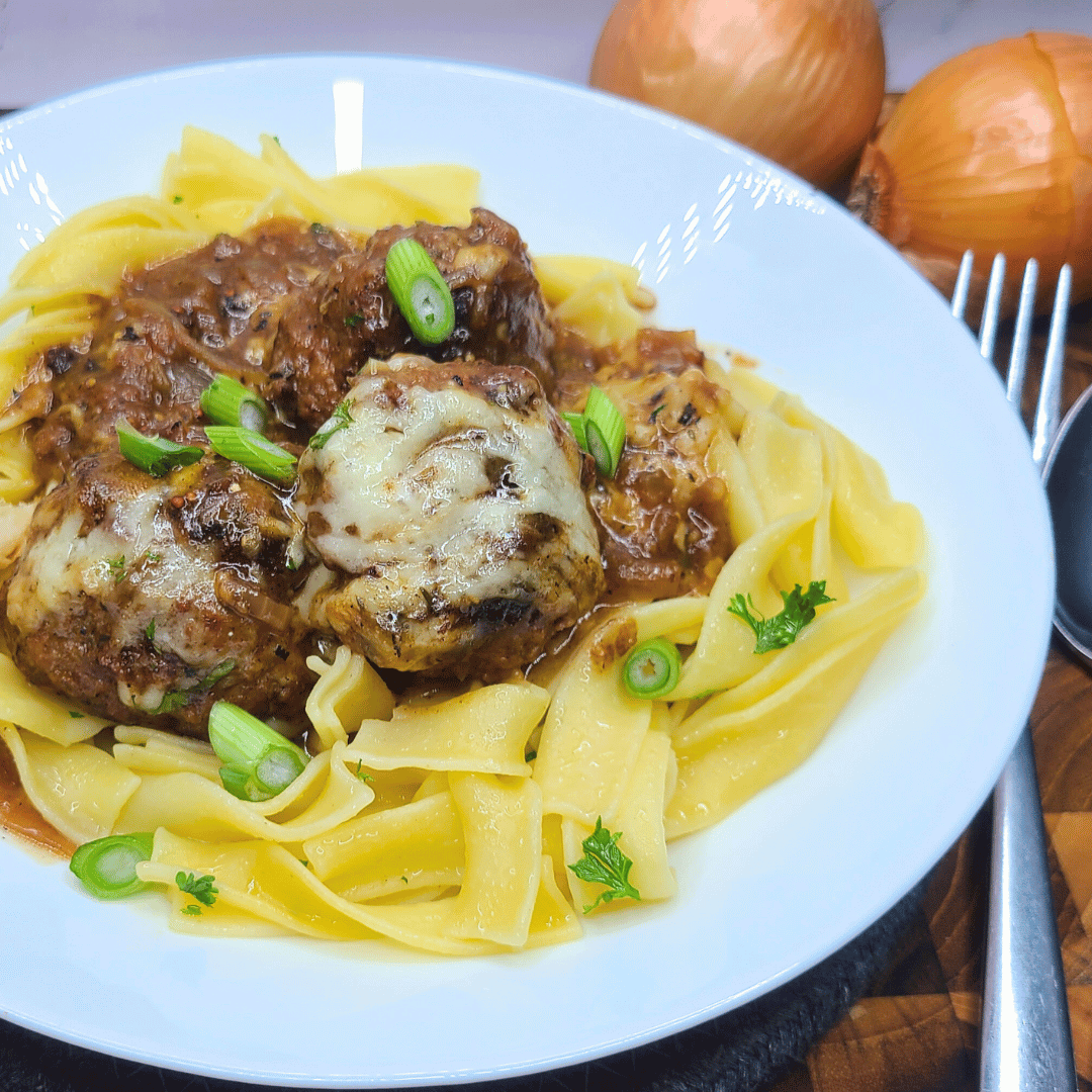 French Onion Bison and Boar Meatballs 
