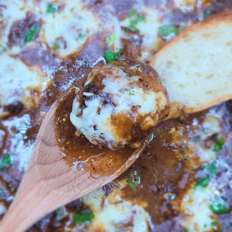 Image of Serve with buttered egg noodles and toasted baguette slices. Leftover meatballs and sauce will keep for up to 5 days in the fridge.