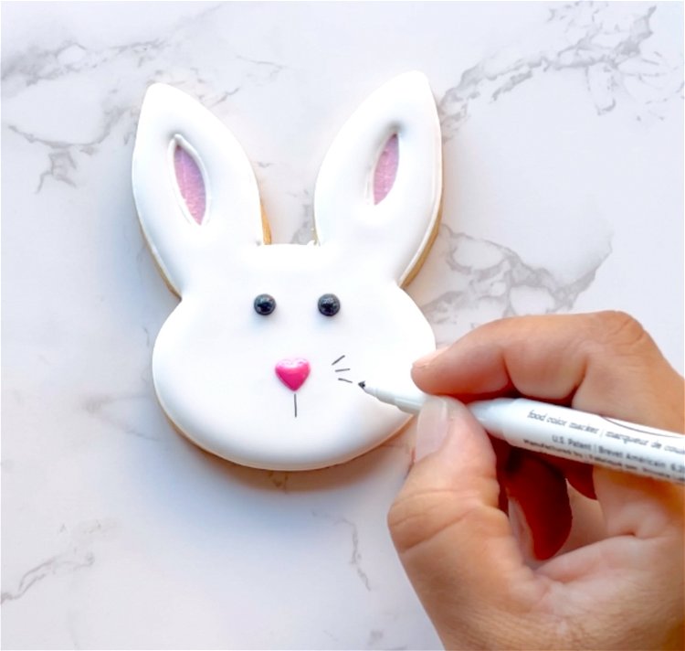 Image of Using either an edible marker or black outline consistency icing, pipe whiskers on either side of the bunny’s nose.