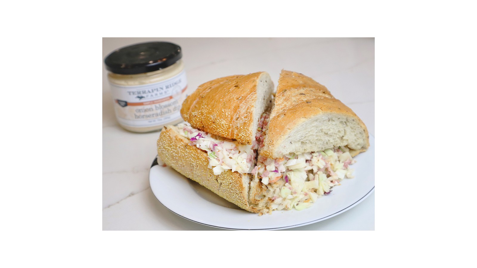 Image of Chopped Corned Beef Sandwich with Onion Blossom Horseradish Dip