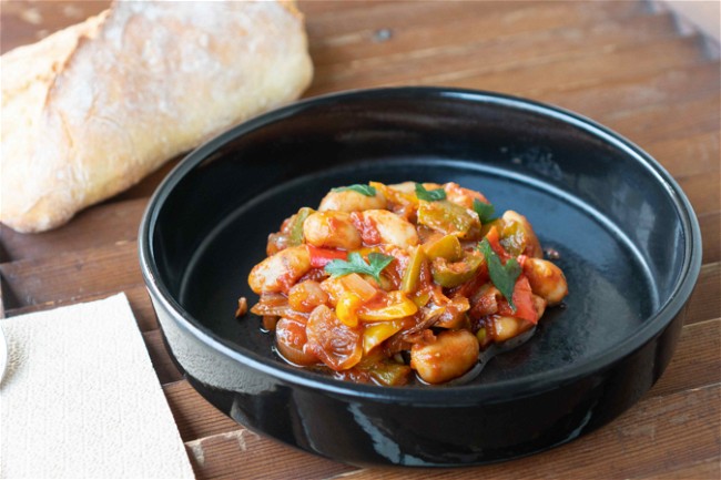 Image of Authentic Greek Giant Beans Recipe with Colorful Peppers: A Greek Delight
