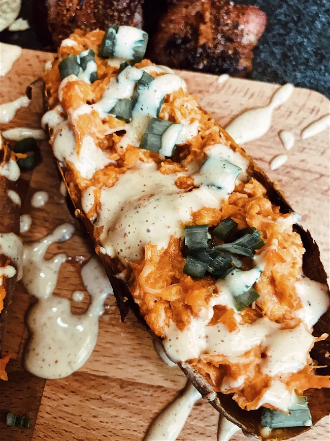 Image of Buffalo Chicken Sweet Potatoes with White Sauce