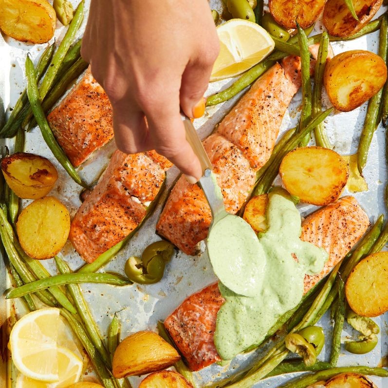 Sheet-Pan Salmon with Green Beans, Potatoes, Olives, and Spicy