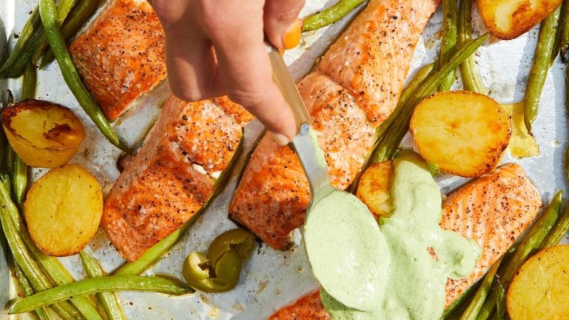 Image of Sheet-Pan Salmon with Green Beans, Potatoes, Olives, and Spicy Tahini