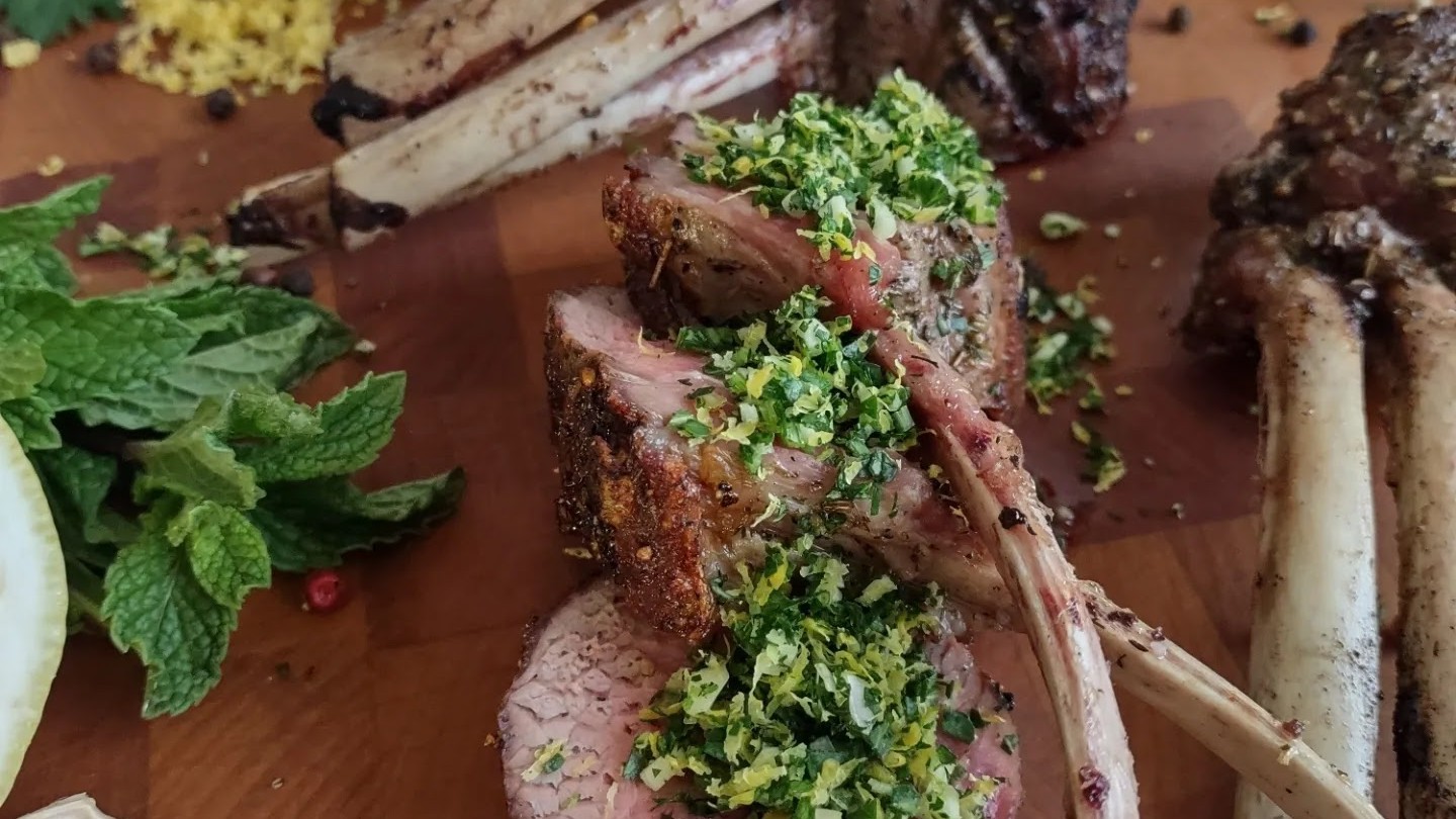 Image of Grilled Lamb Lollipops with Mint & Pistachio Gremolata and Parsnip Puree