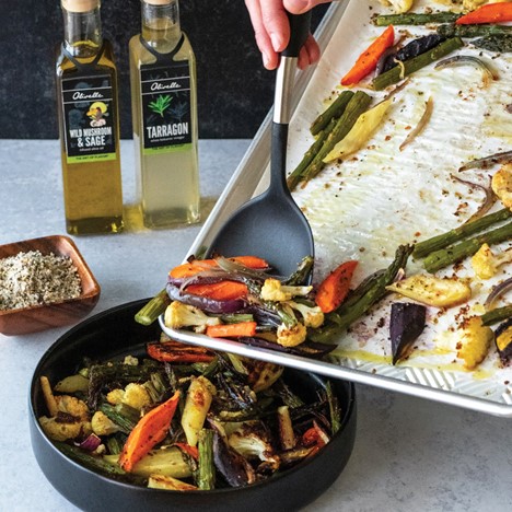 SHEET PAN VEGGIES WITH ROASTED GARLIC MUSTARD DRESSING