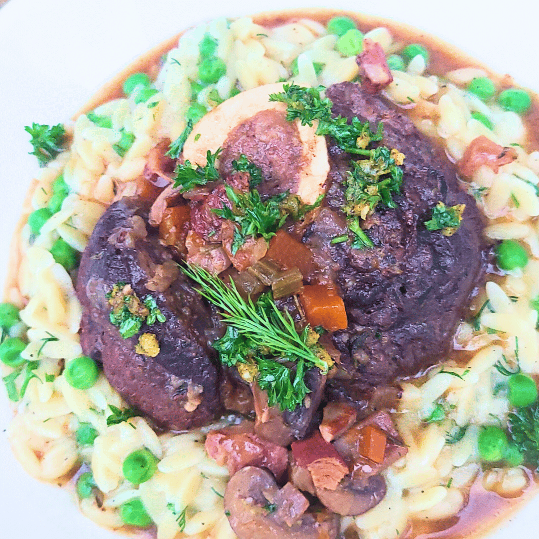 White Wine Braised Bison Osso Buco with Lemon and Sweet Pea Orzo