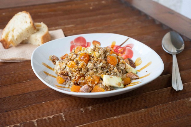 Image of Delicious Lentil Quinoa Salad with Green Apple, Dried Fruit, and Molasses