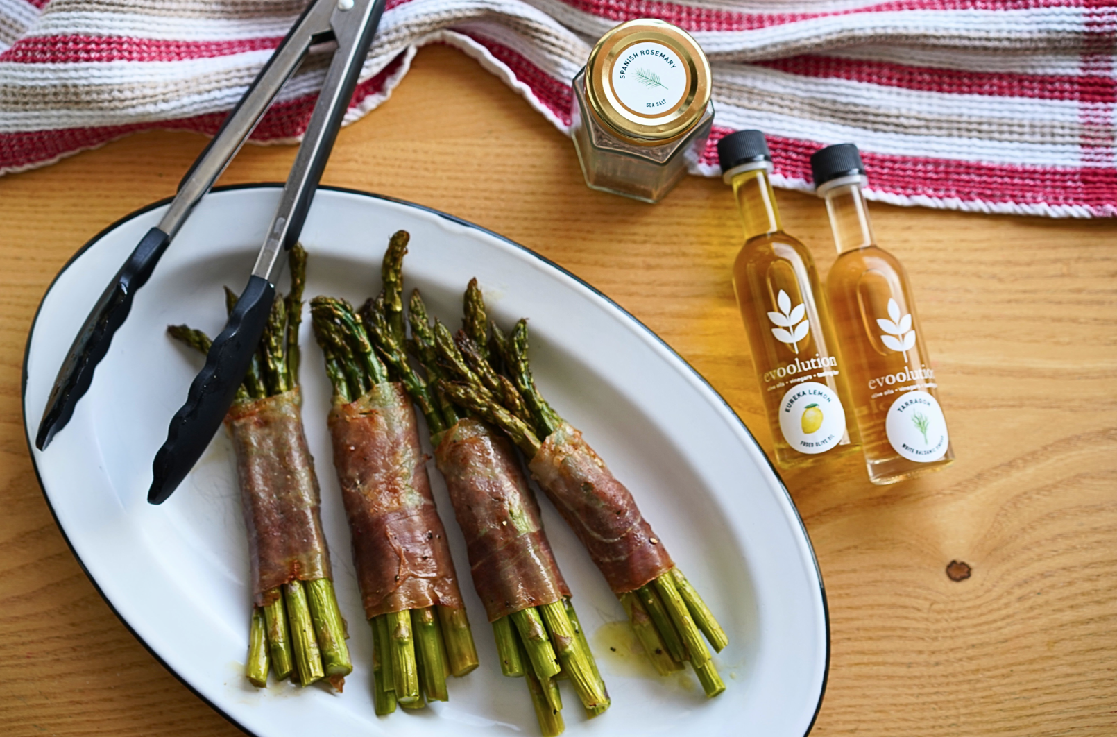 Image of Prosciutto Wrapped Asparagus Bundles with Eureka Lemon Olive Oil and Tarragon Balsamic