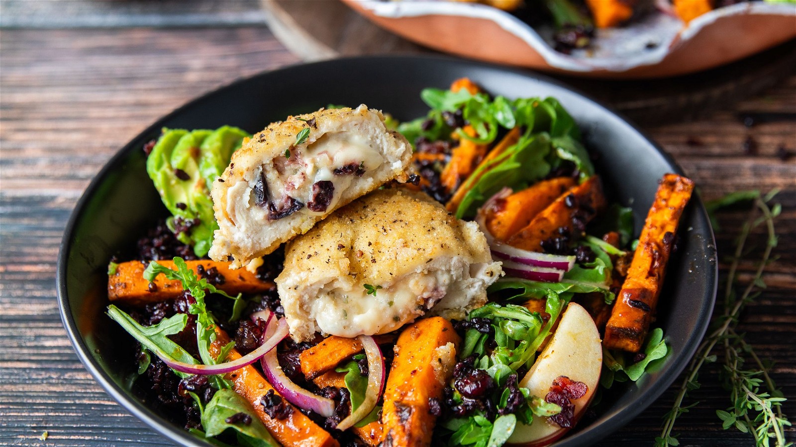 Image of Apple, Brie and Cranberry Stuffed Chicken with Wild Rice Sweet Potato Salad