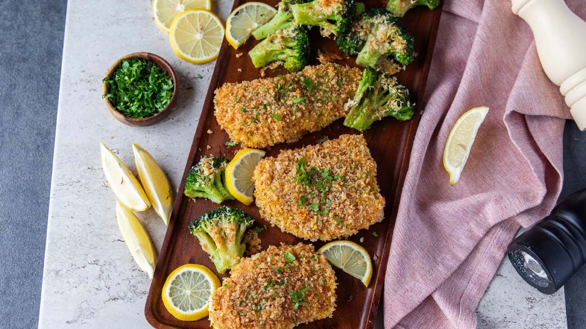 Image of Crunchy Baked Cod With Parmesan Smashed Broccoli 