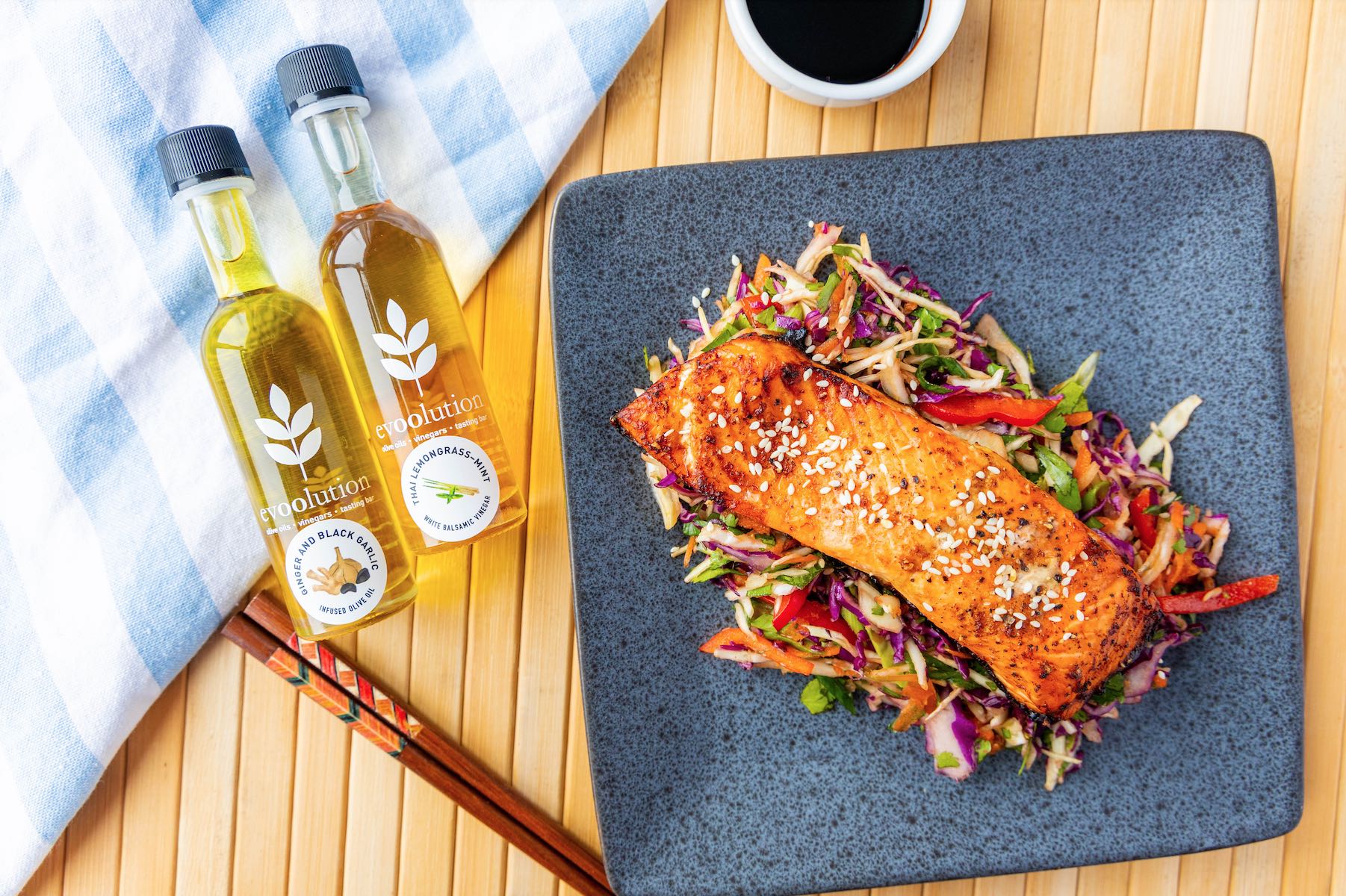 Image of Asian Salmon with Ginger & Black Garlic Olive Oil and Thai Lemongrass Mint Balsamic