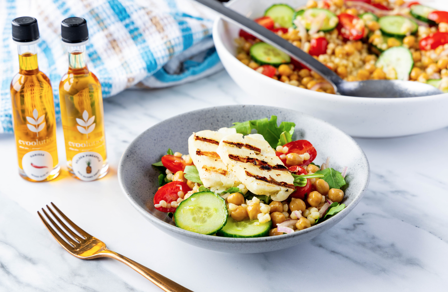 Image of Halloumi Couscous Salad with Harissa Olive Oil and Pineapple Balsamic