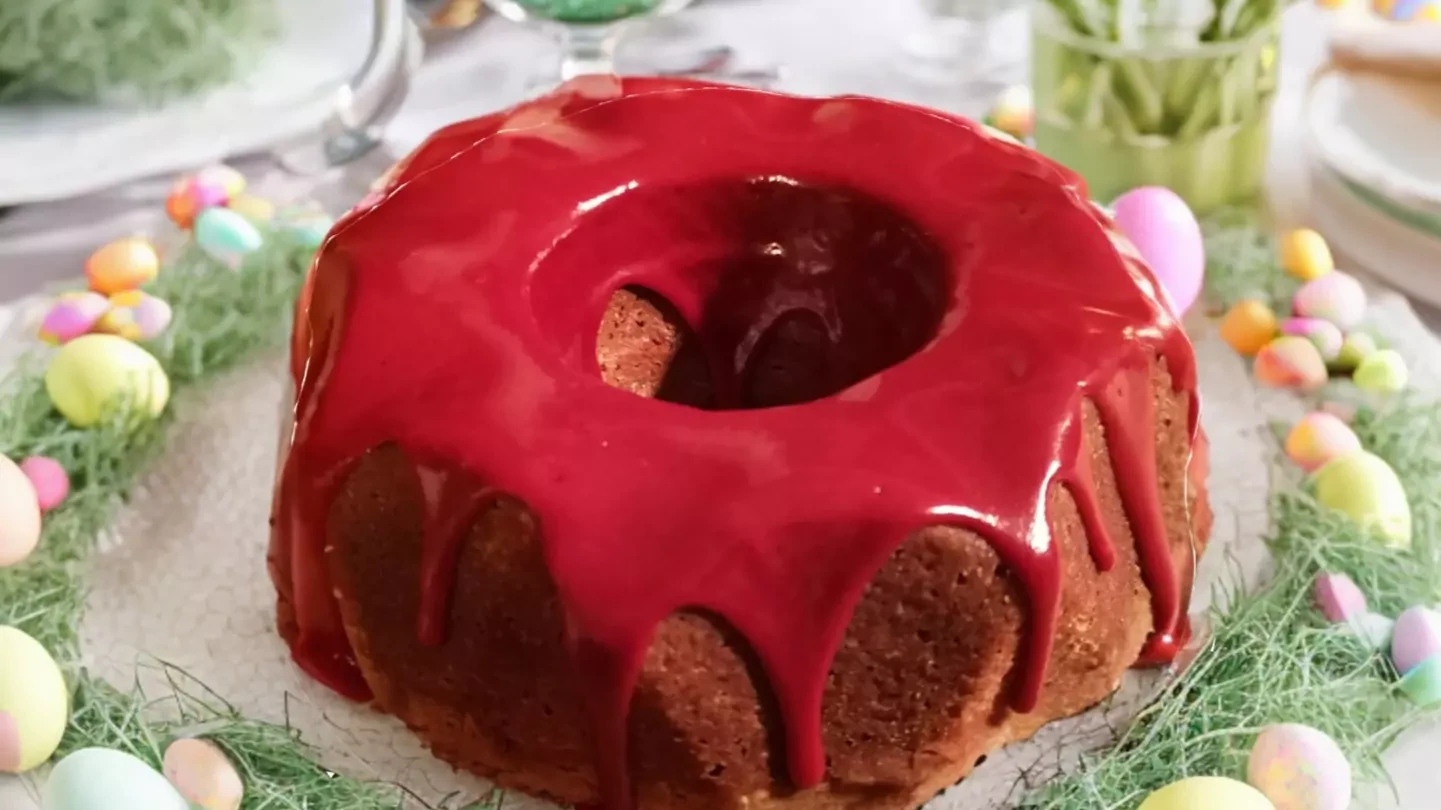 Image of Lingonberry-iced chocolate chunk cake