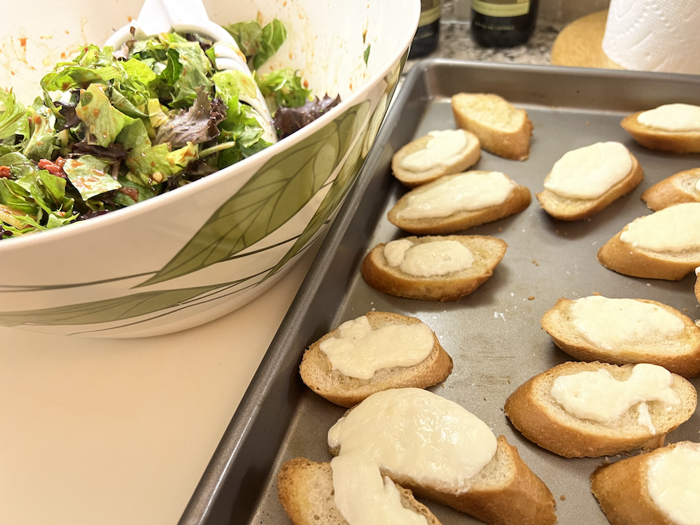 Salad with Roasted Pepper Dressing and Burrata Crostini